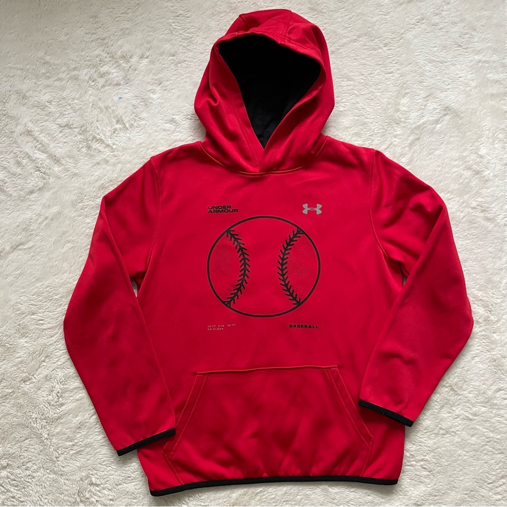 Under Armour Boy's Size YLG Baseball Logo Red Hoodie with Front Kangaroo Pocket